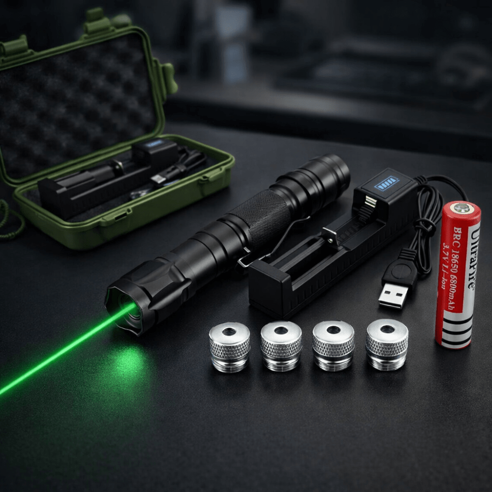 USB rechargeable green laser pointer featuring a long-range beam and a durable aluminum build, ideal for presentations and outdoor use. 0